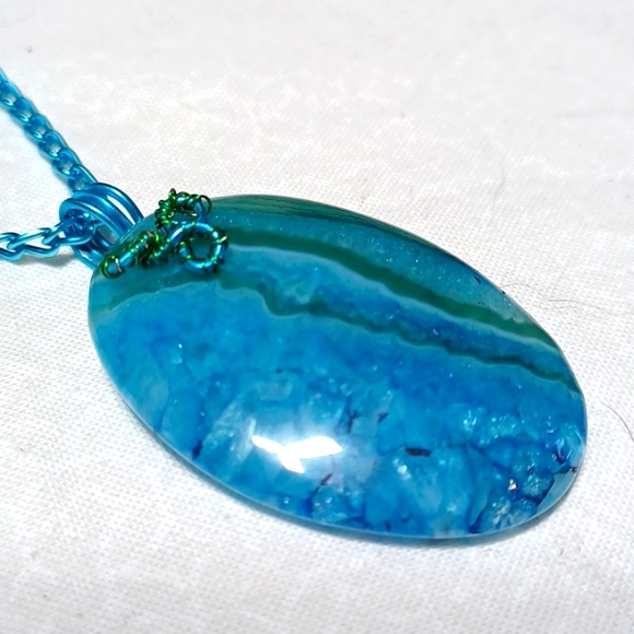Blue green druzy agate handmade pendant necklace stripes waves wired - Picture 2 of 6